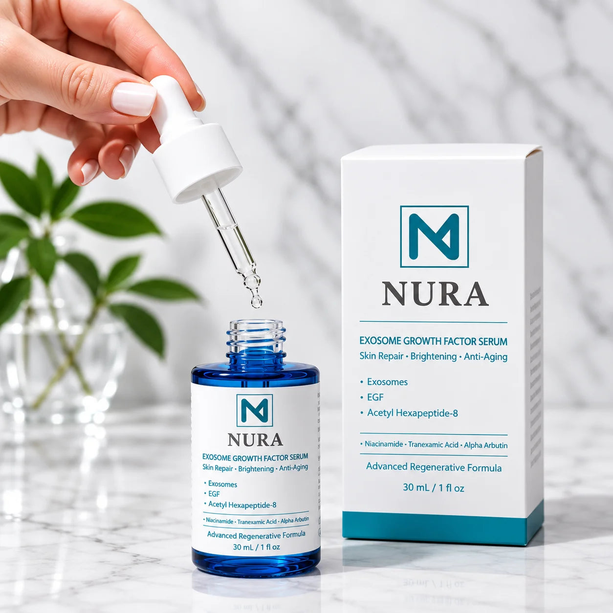 Nura Exosome Growth Factor Serum with dropper and product carton